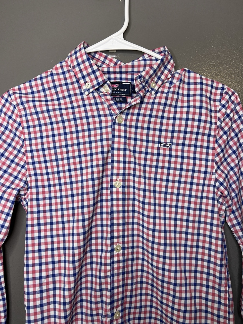 Vineyard Vines Whale Shirt Boys 8-10 Red Blue Gingham Button Up Long Sleeve